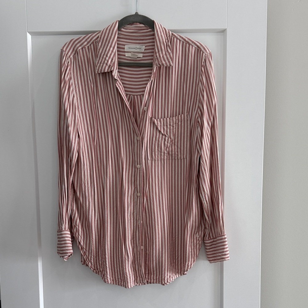Treasure & Bond Red and White Boyfriend Striped Button-Down Shirt